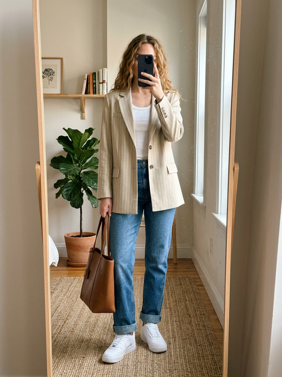 Tagged outfit demo — cream blazer, white tank, blue jeans, leather shoulder bag, and white sneakers